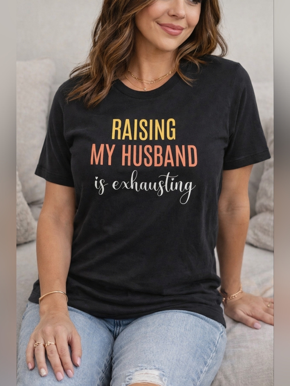 Women’s Graphic T-Shirt “Raising My Husband Is Exhausting” Funny Black Tee Size